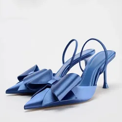 TRAF French Blue Bow High Heels For Woman Retro Point Head Stilettos Slingbacks Women Satin Fabric Thin Heeled Sandals Shoes