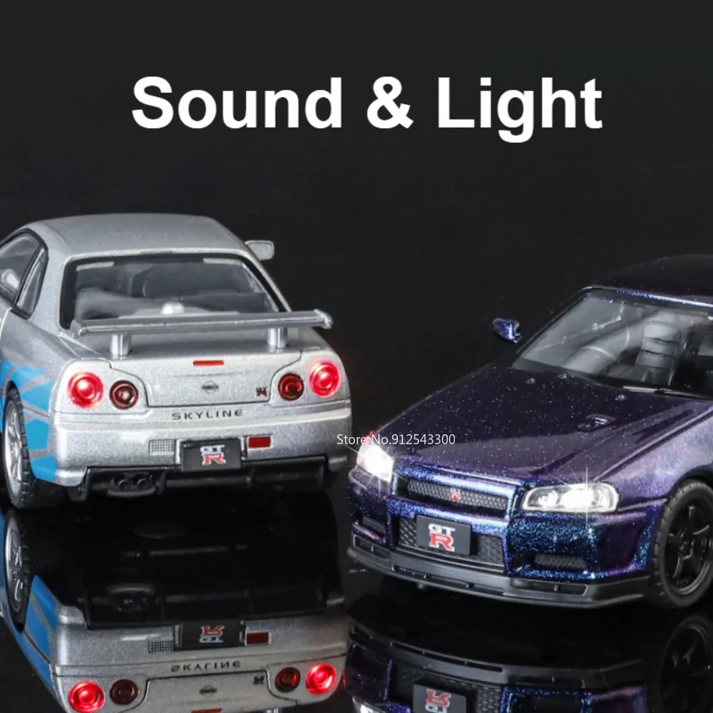 1:32 Scale Nissan SKYLINE GTR R34 Sports Car Model Toy Metal Diecast Pull Back Light Music 4 Doors Opened Vehicle Ornaments Gift