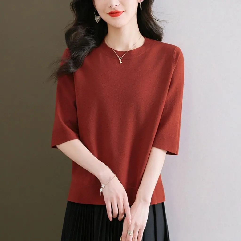 Women's Western Style Loose Slimming Three-Quarter Sleeve Sweater round Neck Half Sleeve Top Early Spring Undershirt