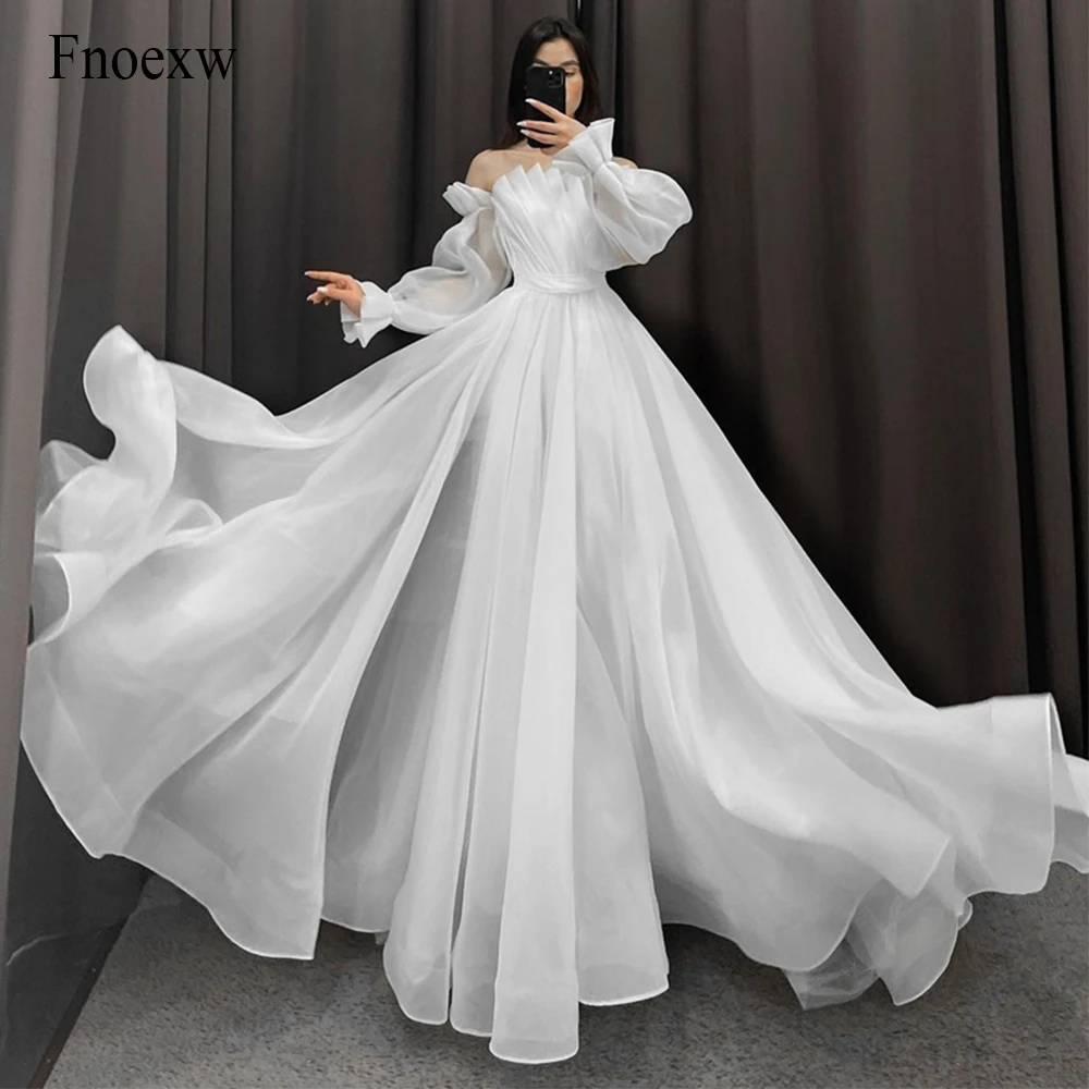 

Fnoexw Vintage Organza Boho Wedding Gown Off Shoulder Beach Wedding Dress Long Puff Sleeves Pleat Bride Dress Vestido De Noiva