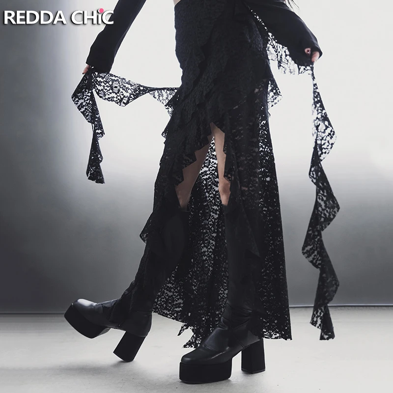 REDDACHiC haut bas noir jupe florale dentelle Patchwork couches à volants Stretch Maxi longue piste jupe gothique Vintage femmes vêtements
