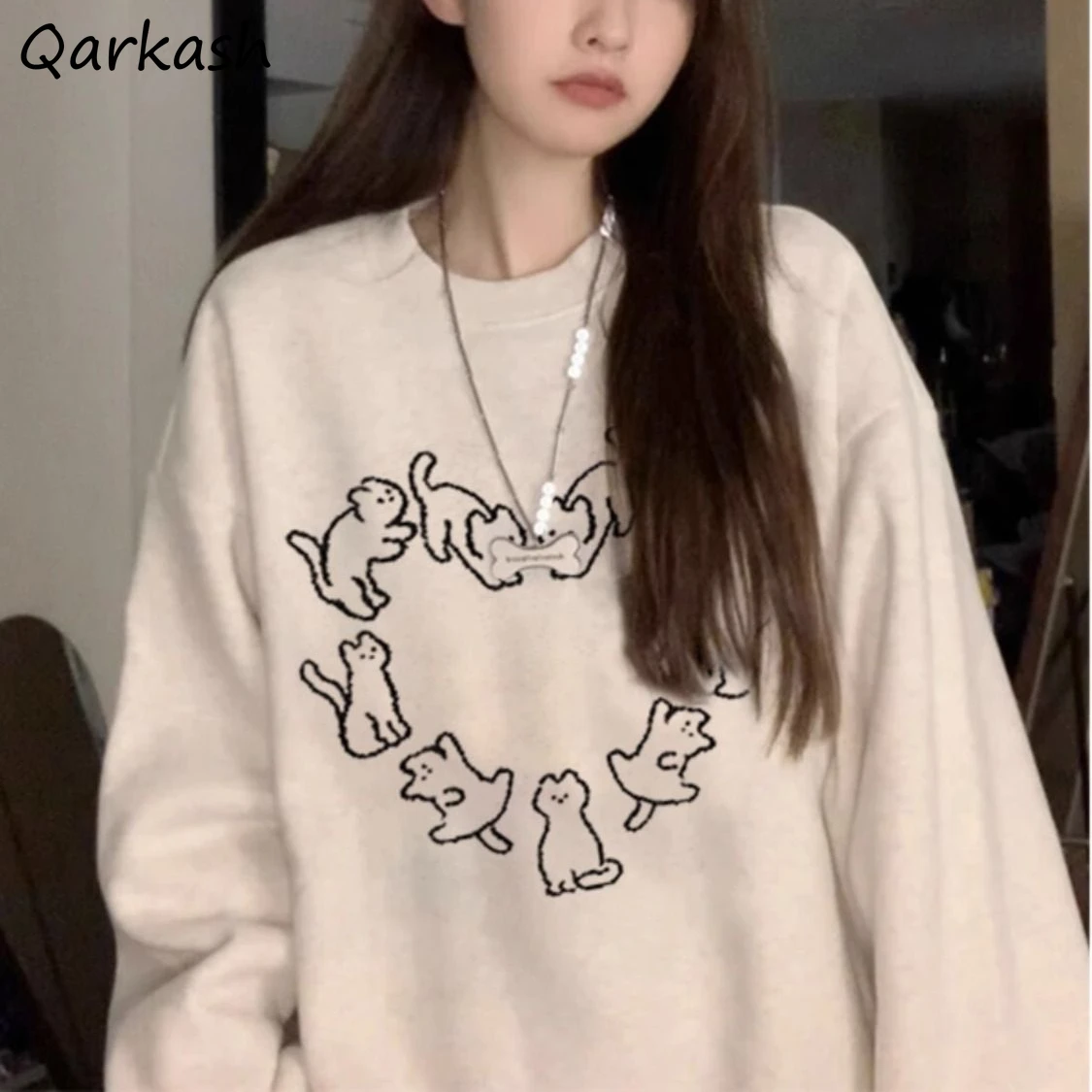 

Women Hoodies Cat Printing Vintage Loose Slouchy Thicker Plus Velvet Design Casual Tops Trendy All-match Tender Korean Style