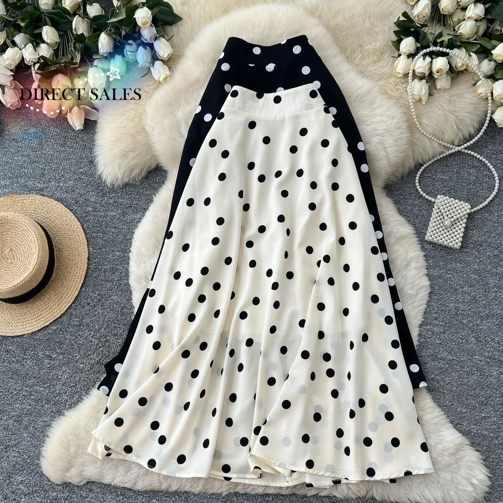 Fashionable Elastic Waist Polka Dot Skirt Slim Fit Splicing Design A-Line Skirt Pleated Summer Half-length Dress Women