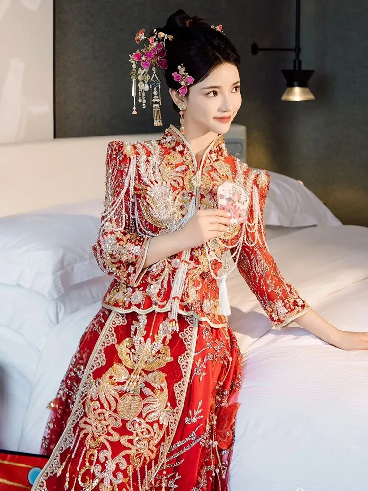 

Новый стиль дракона и феникса Гуа, свадебное платье в китайском стиле, платье для невесты, тяжелое тонкое