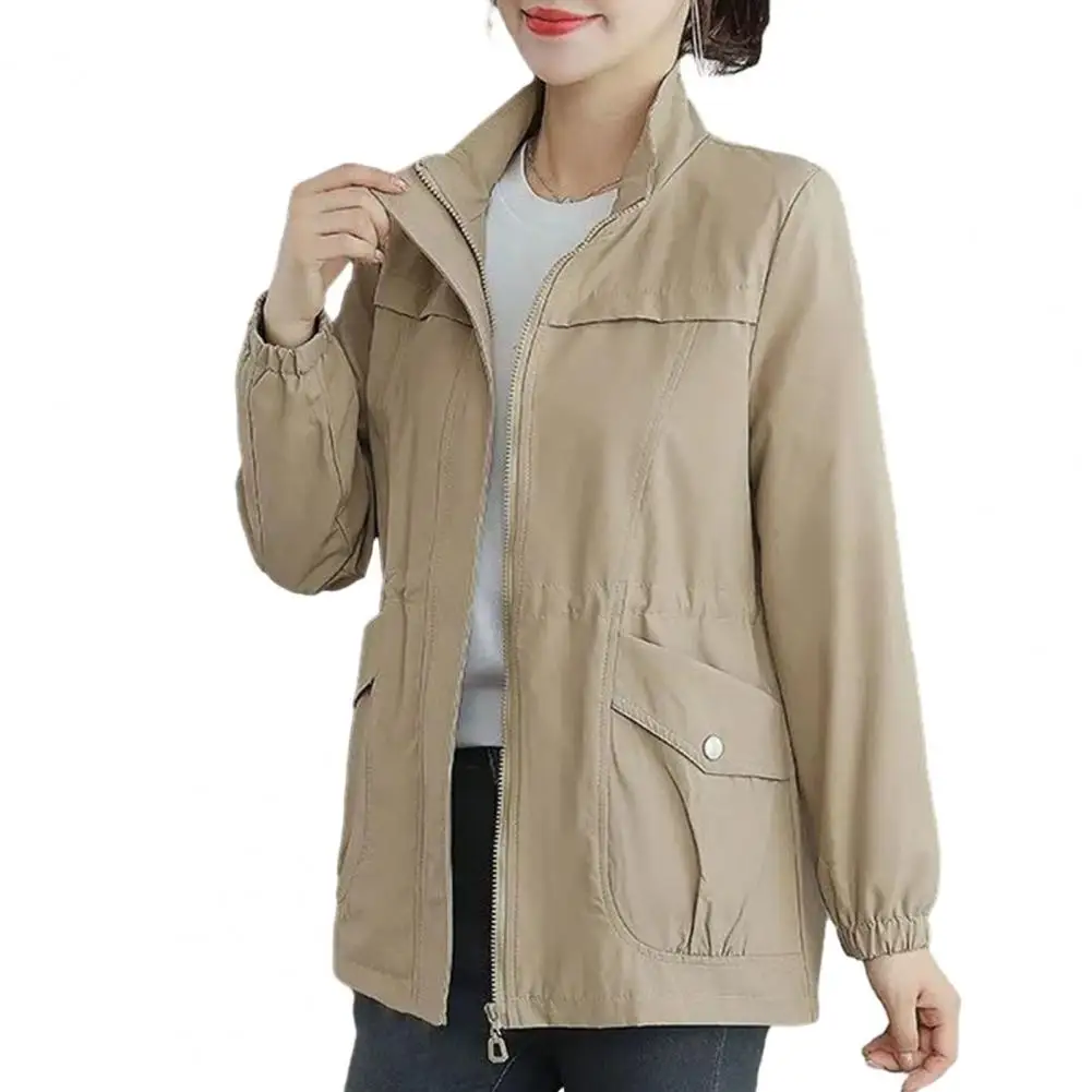 Chaqueta de manga larga para mujer, cortavientos elegante de doble capa con cuello alto y cremallera, otoño