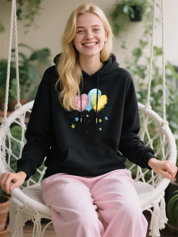 

Women's Soft Hooded Pullover Featuring Heart Balloon Print,Comfort For Casual Outings,Travel, Ideal Versatile Christmas Gift.