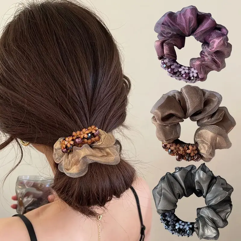 

New Pearl Purple Scrunchie Korean Vintage Glitter Hair Tie for Women Elegant High-Elasticity Thick Hair Band for Daily Use