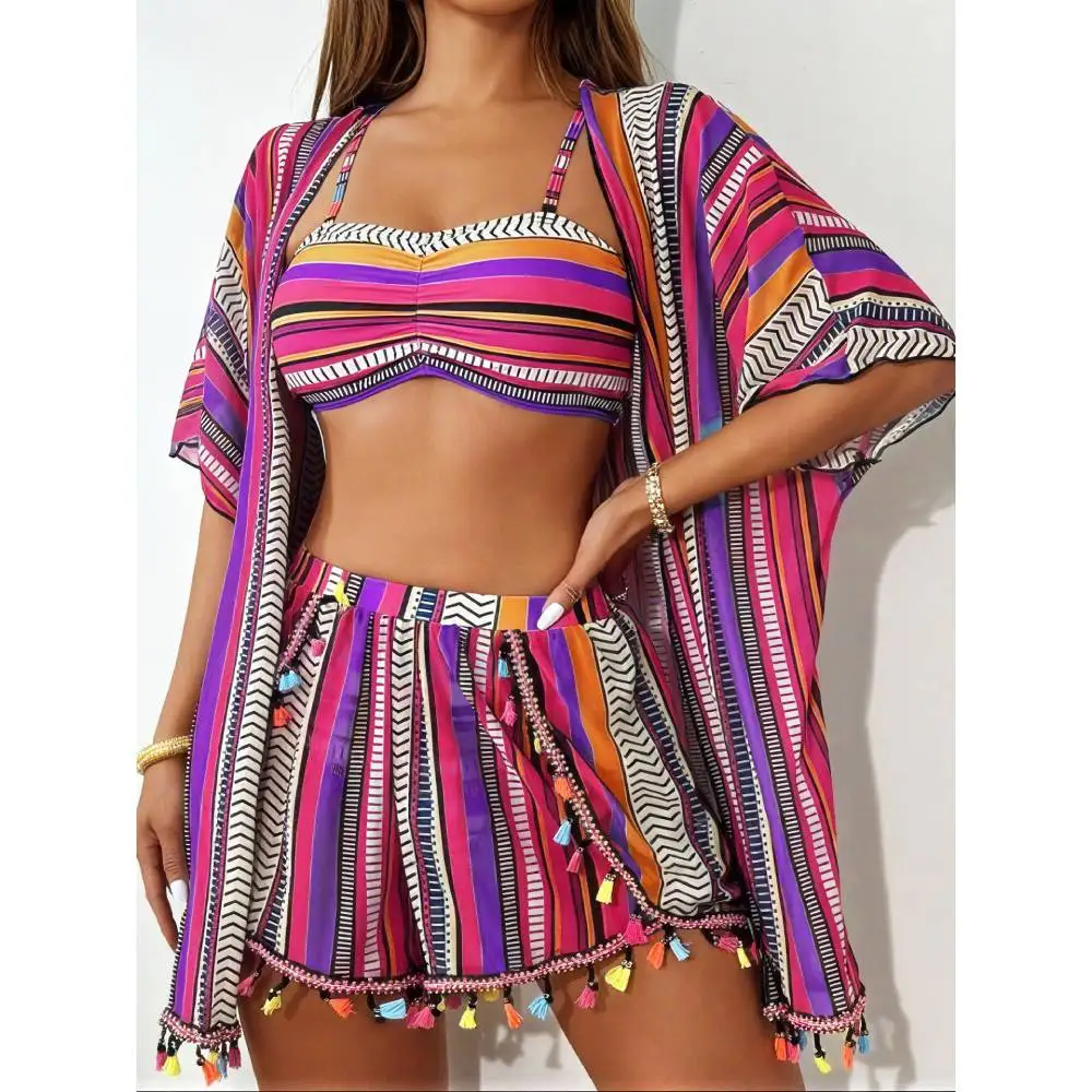 Cikini 4pcs Geometric Printed Ruffle Bikini Set Top And Bottom, Multi-Colored Fringe Shorts Bikini Set
