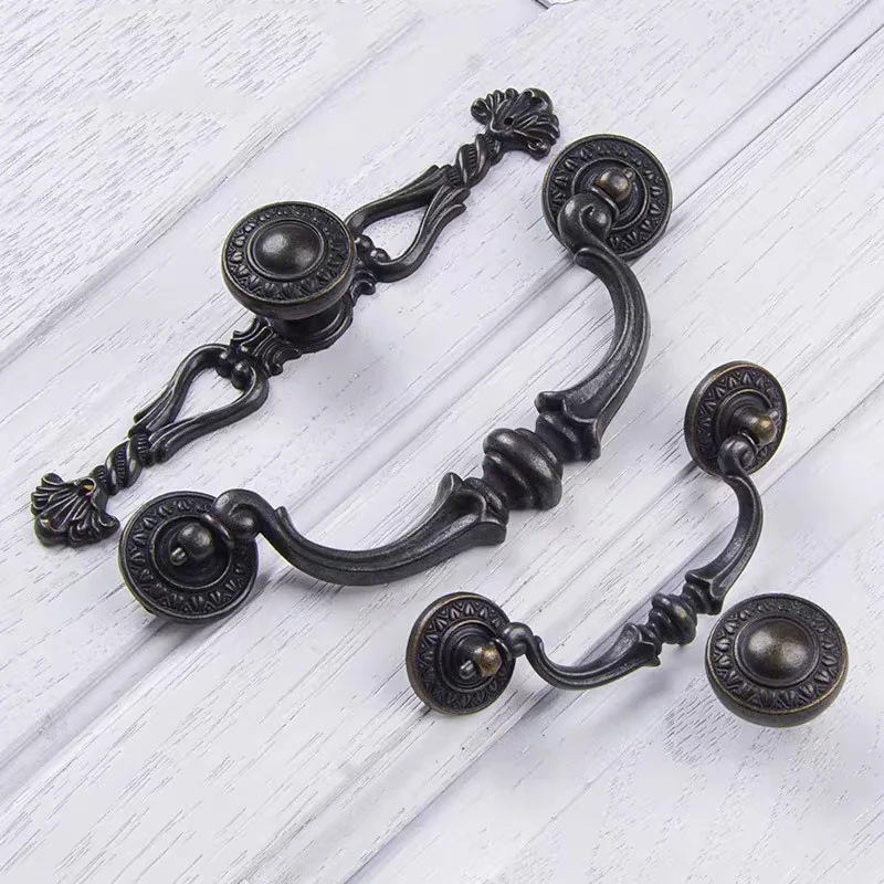 

Vintage Wardrobe Drop Pulls for Cabinets and Drawers Antique Black Round Knobs with Backplate Retro Furniture Handle Hardware