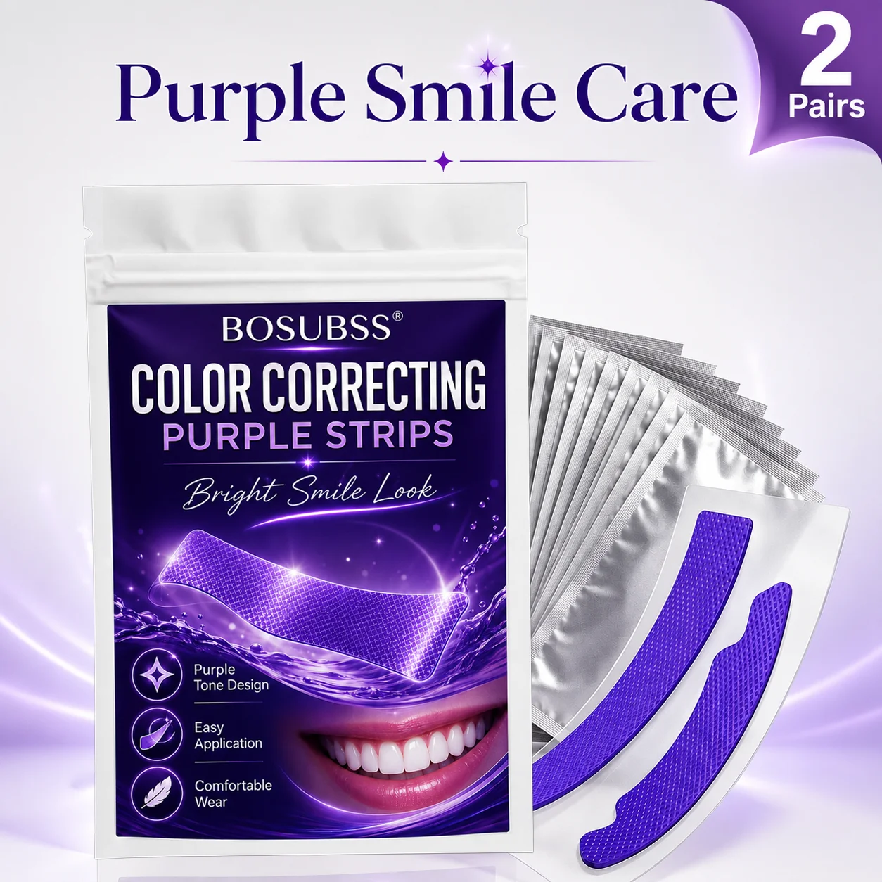 2 Pairs Purple Oral Beauty Strips, Smile Care Teeth Stickers, Gentle Fit Fresh Daily Routine Easy Home Use