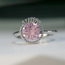 S925 silver crown-shaped topaz pink gemstone unique craftsmanship open sparkling luxury amethyst elegant ladies ring