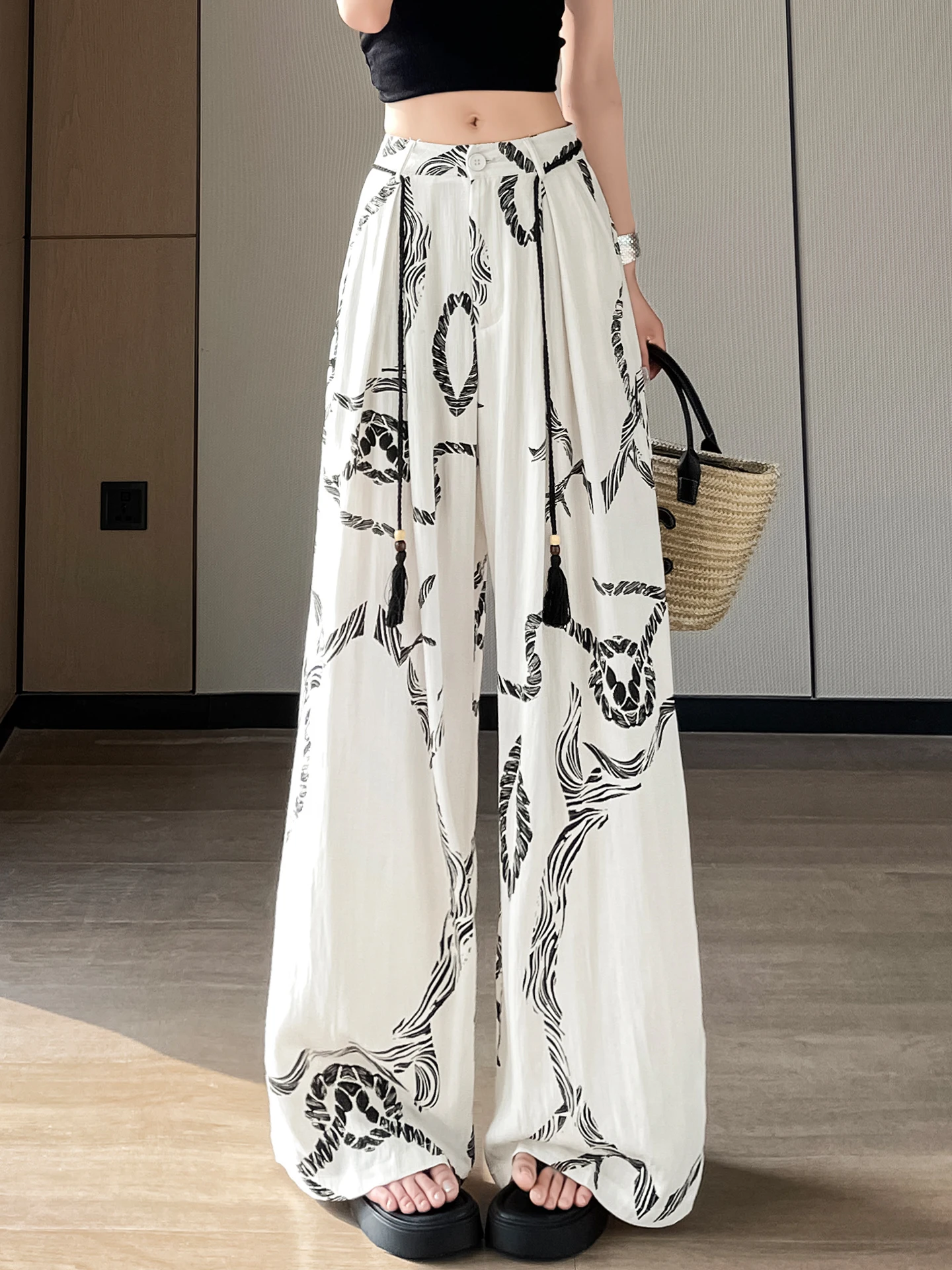 

Ice Silk Linen Printed Straight Leg Thin Pants Women Summer Drape Loose Wide Leg Pants High Waist Casual Trousers