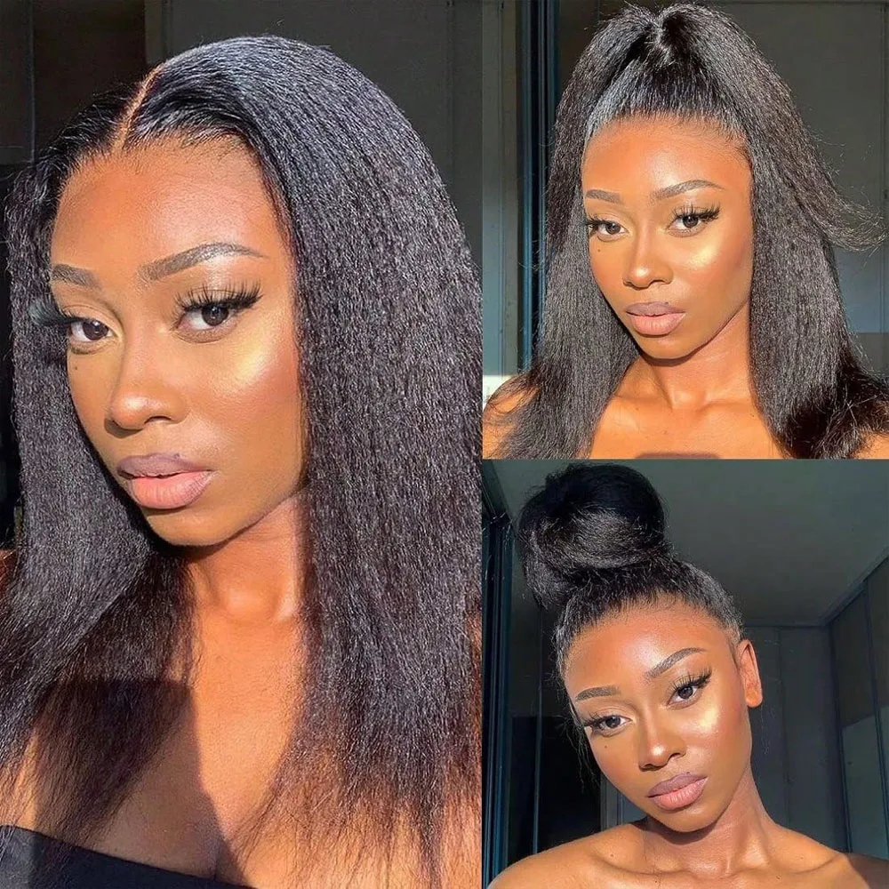 

250% Density Lace Frontal Wigs Kinky Straight Wig Human Hair Brazilian Virgin Hair Pre Plucked Kinky Straight Wig 28 Inch 13x4 Transparent Lace Front Wig For Women Human Hair Wig Natural Color