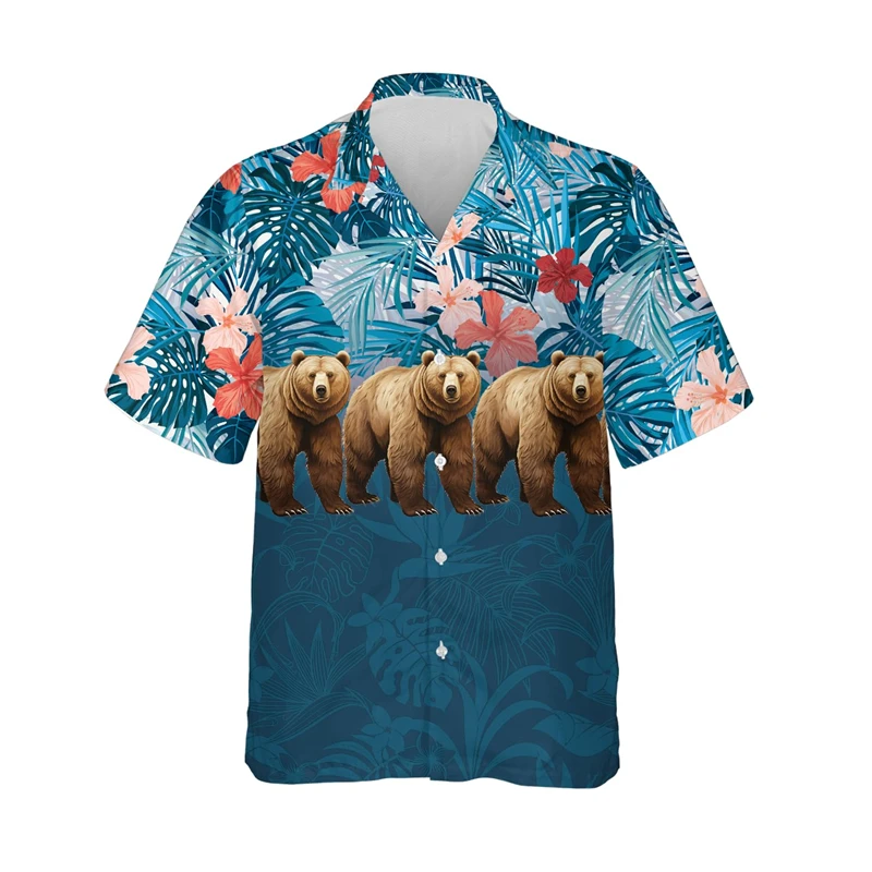 Tropical Wild Life Flower Graphic Shirts For Men Clothes Hawaiian Surfing Beach Shirt  Animals Lapel Blouse Cute Animal Male Top