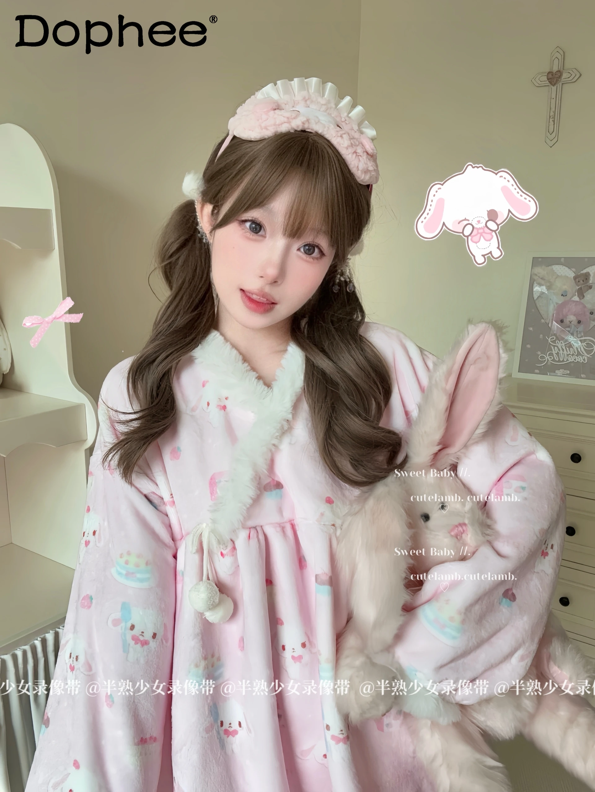 

Japanese Style Original Ins Cute Plush Flannel Long Sleeve Pajamas Thickened Warm Comfortable Wearable Homewear Set for Women