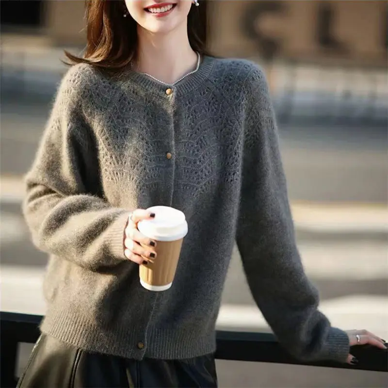 

Женская одежда с круглым вырезом, весна-осень, однотонный свитер на пуговицах с длинными рукавами, вязаный кардиган, пальто, повседневные элегантные топы