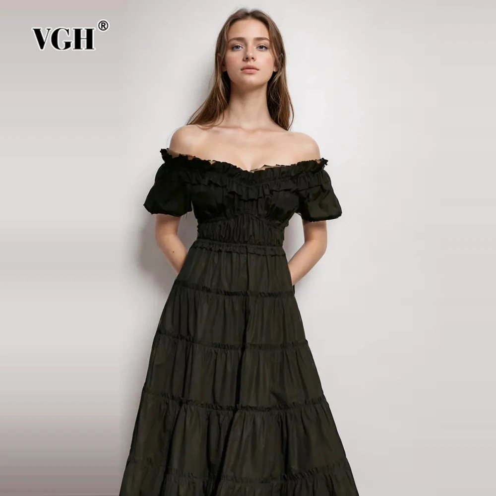 

VGH Solid Patchwork Tierred Dresses For Women Slash Neck Puff Sleeve High Waist Spliced Zipper Temperament Long Dress Female New