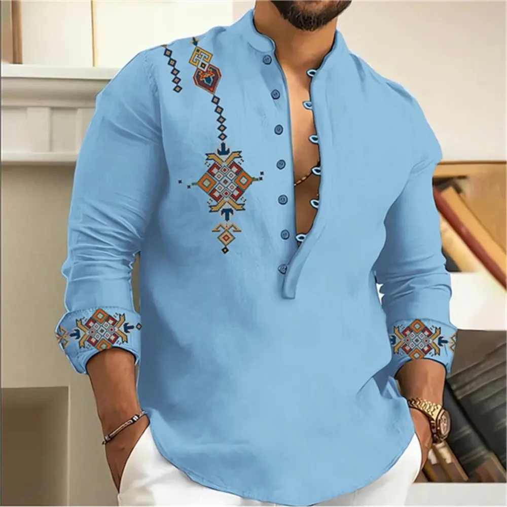 Camicia Tribe Pattern Stampa Geometria retrò Leads Abbigliamento uomo musulmano Camicia a maniche lunghe Super Large Size Erkek Kiabweetleri