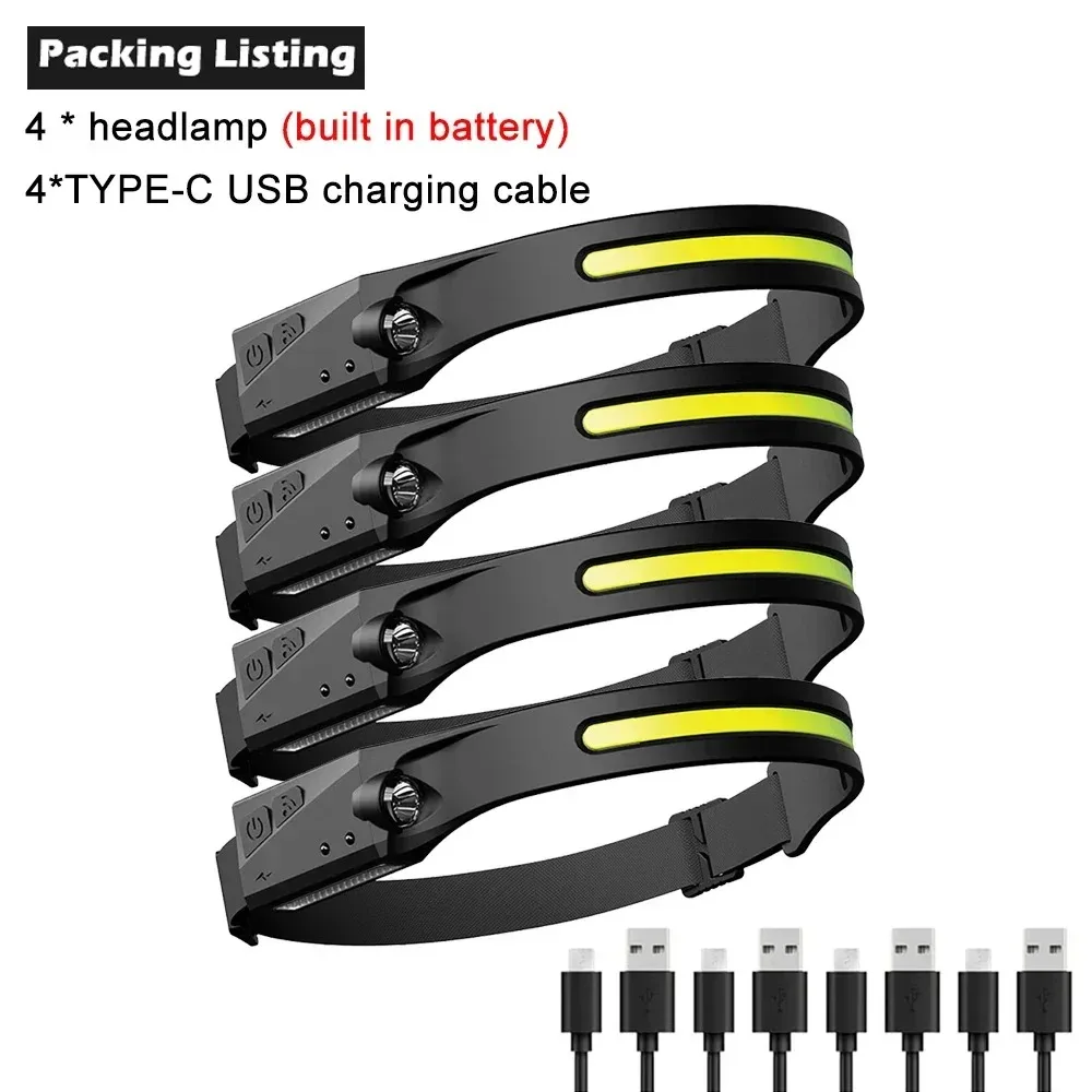 

4-Pack LED Sensor Headlamp USB Rechargeable Built-in Battery Waterproof Head Torch for Camping Fishing Hiking