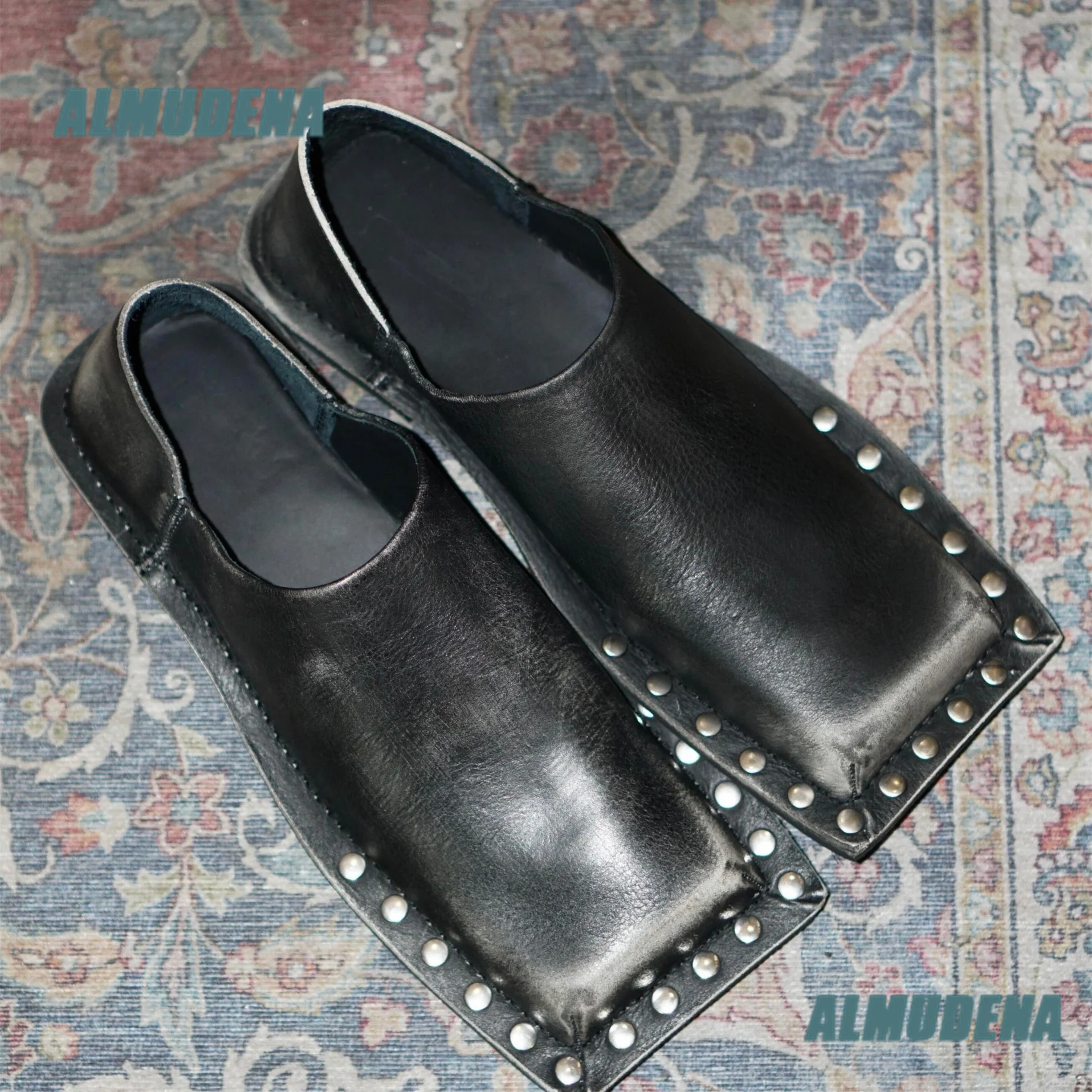 Square Toe Leather Slip On Shoes Studded Edge Mules Distressed Leather 2-Way Wear Backless Loafers for Men Trendy Men's Shoes
