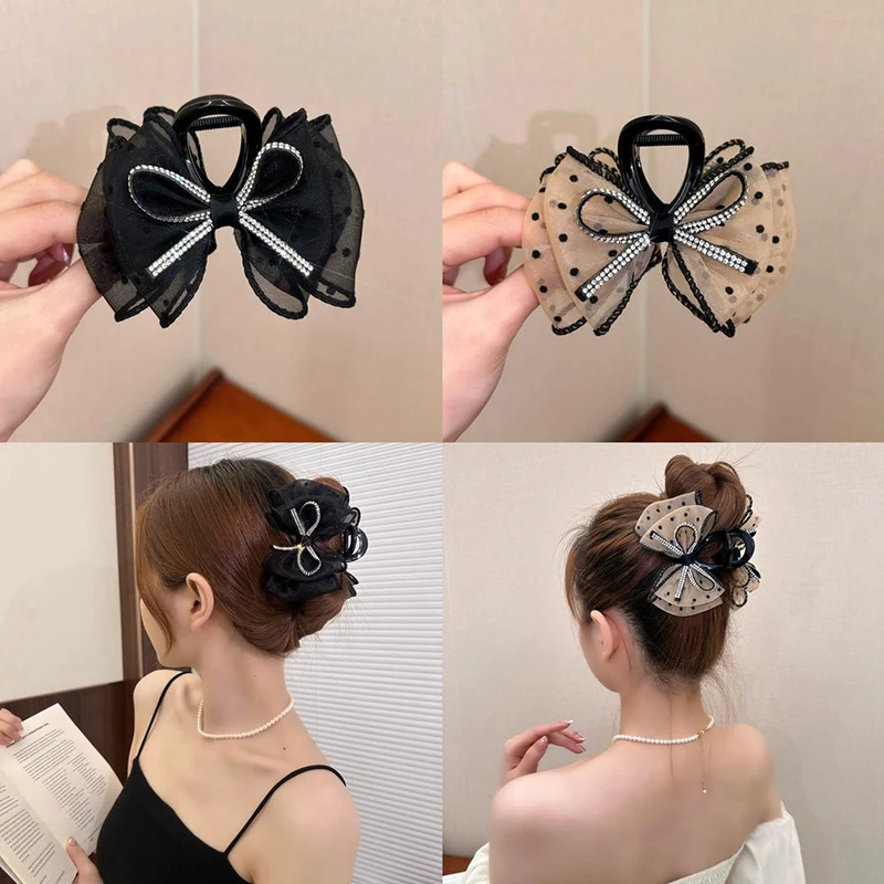 Elegant Mesh Bow Hair Clips para Mulheres e Meninas, Ponytail Claw, Sparkling Rhinestone Clips, Hairpin, Headdress, Acessórios, Presentes