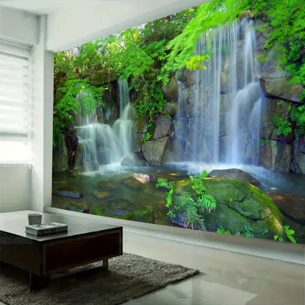 Natural Landscape Tapestry Forest Waterfall Wall Hanging, Art Decoration Background Poster, Used for Living Room, Bedroom