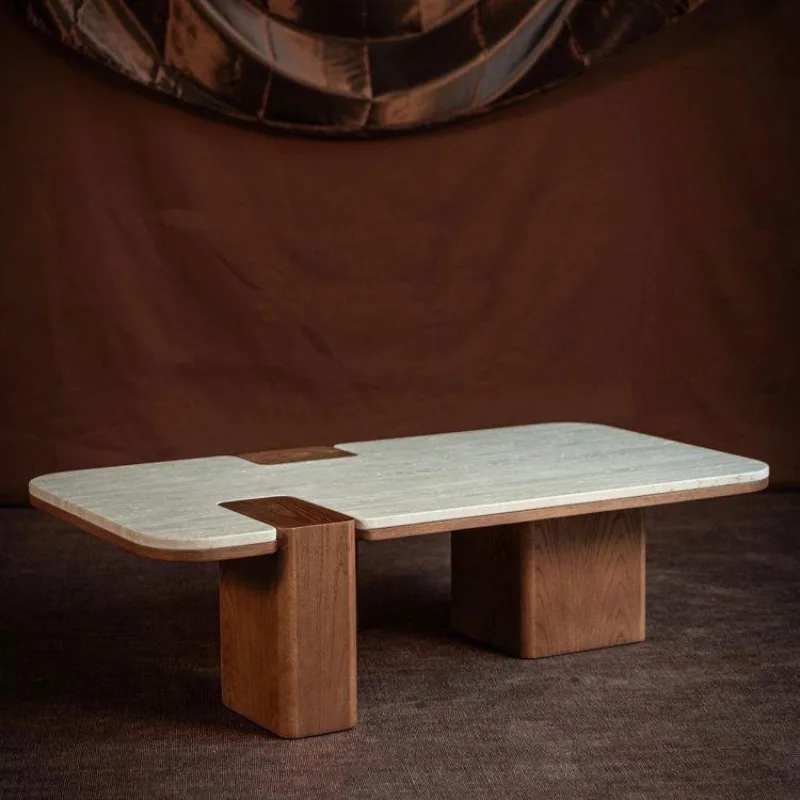 French retro marble coffee table cream wind small apartment living room home Internet celebrity cave stone slate solid wood
