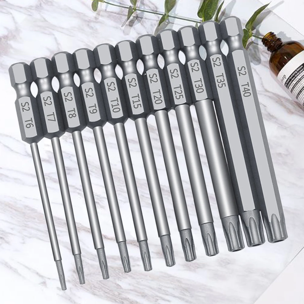 

11Pcs 1/4 Inches 100mm Solid Plum Clubs Plating Electric Screwdriver Bits Head T9 T30 T40