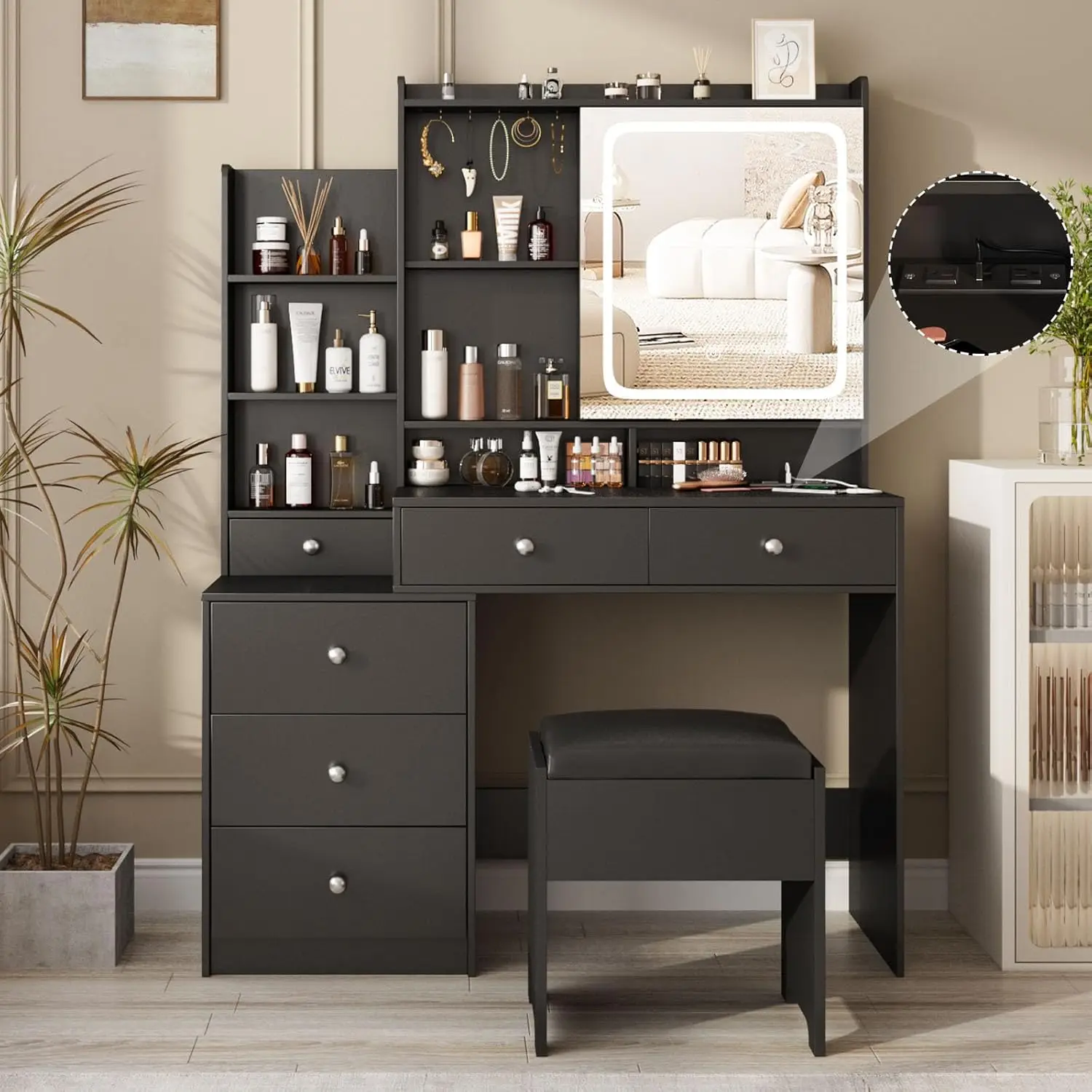 

#Black Vanity Desk Set with Mirror & Power Strip,Makeup Table with Stool & Drawers, Dimmable Light,Bedroom