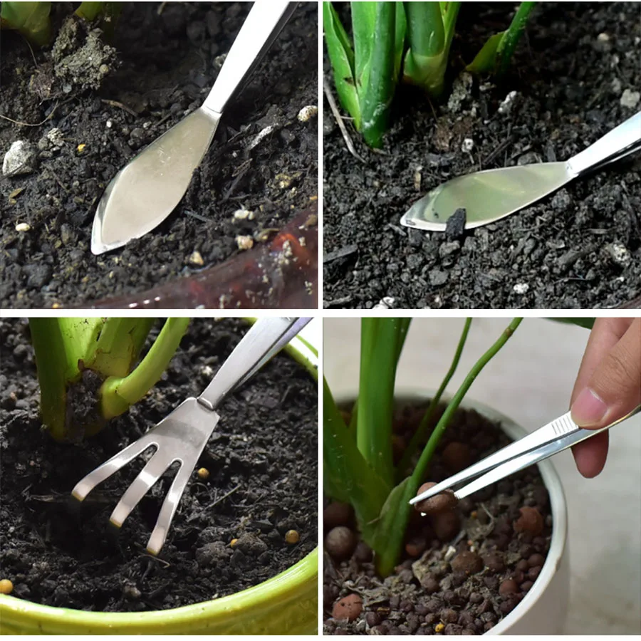 2-in-1 304 Stainless Steel Professional Root Rake with Bonsai Tweezers Soil Farming Tool Fleshy Tweezers for Succulents Crafting