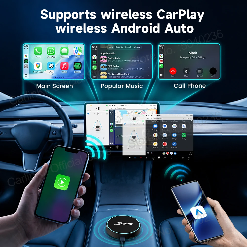 New CarlinKit T2C-SE Wireless Android Auto & CarPlay Aapter For Tesla Model 3 Model Y Easy Connect Waze Spotify Split Screen OTA