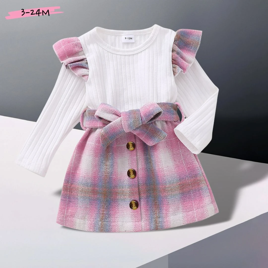 Newborn Baby Girl Dress 3-24M Spring Autumn Long Sleeve Lattice Belt Toddler Clothing Casual Cute Comfort Warm Child Sets