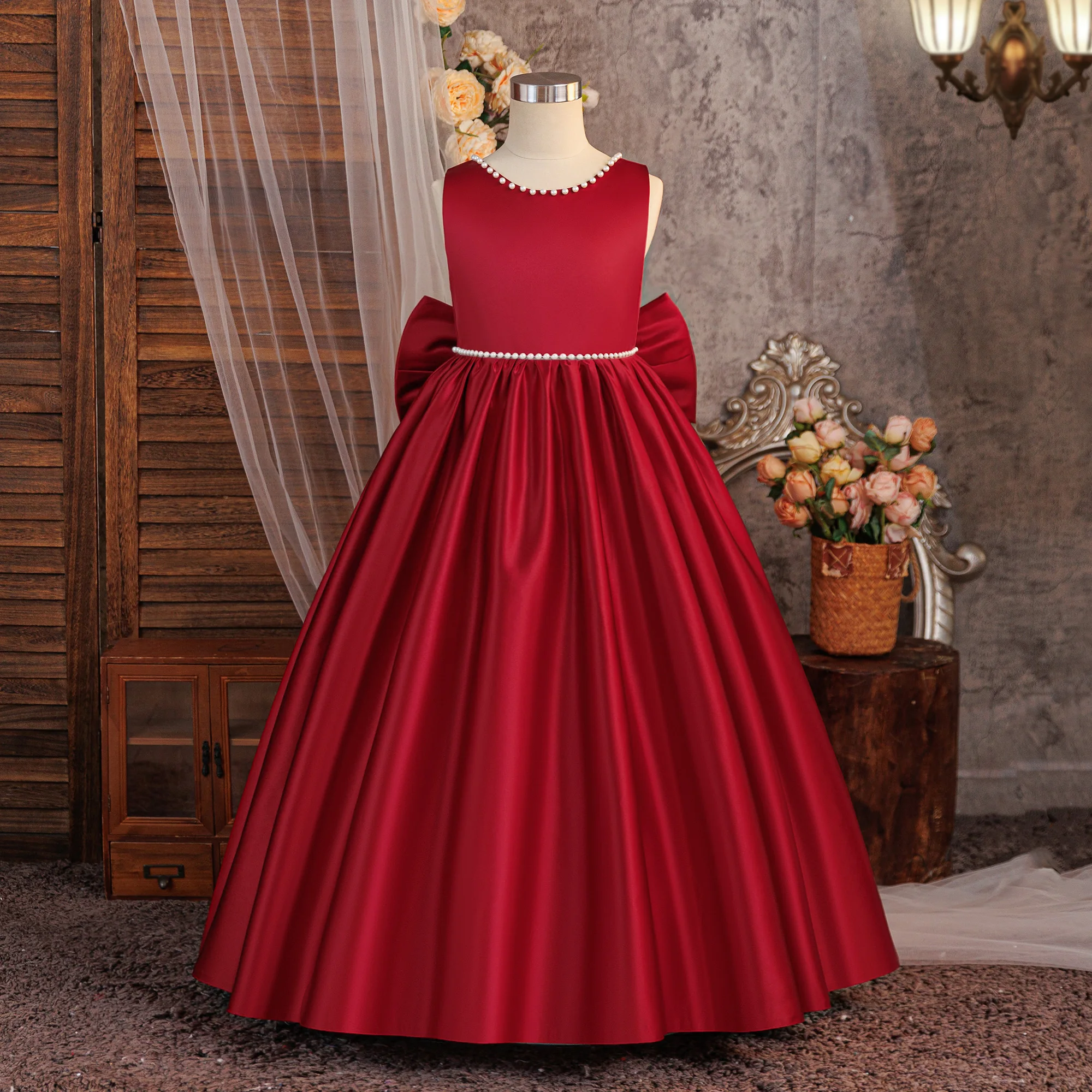 Satin Bridesmaids Party Girls Dress Christmas Costumes Bow Baptism Wedding Princess Prom Dress Girl Gala New Years Evening Gown