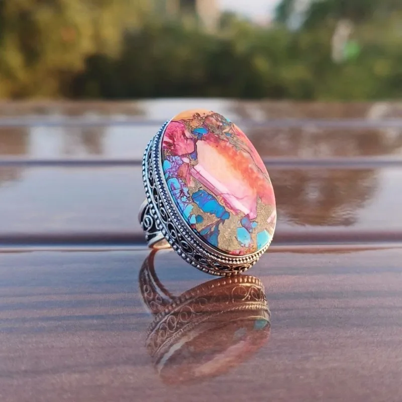 Vintage-Ring für Damen mit eingelegten mehrfarbigen Steinen, trendige silberne Farbe, geometrisch, für den täglichen Gebrauch, Party-Schmuck, Jahrestagsgeschenk