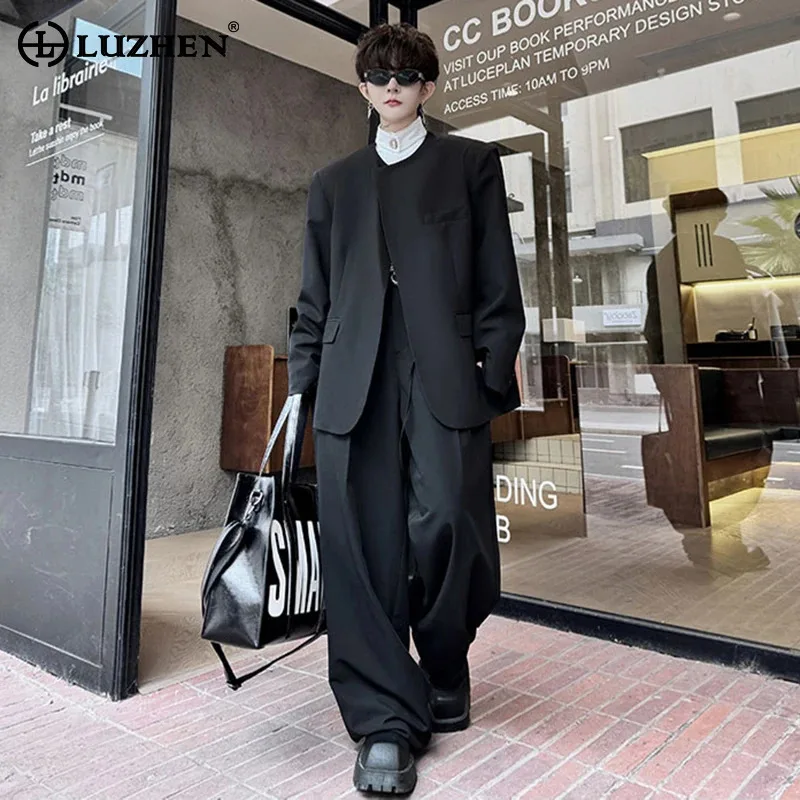 

LUZHEN элегантные корейские комплекты из двух предметов, однотонные оригинальные подплечники, повседневная куртка, прямые красивые мужские брюки 2025 года, JY4622