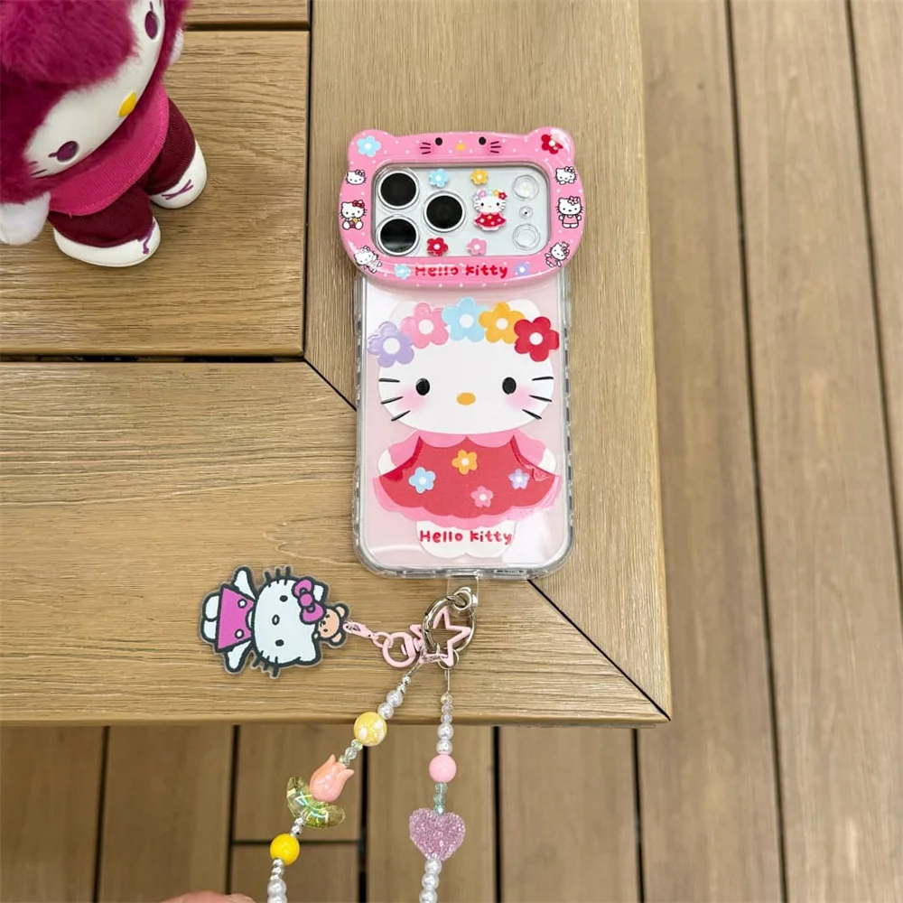

Cute Little Flowers HelloKitty 3D Bear Camera Phone Case for iPhone 17 Pro 15 14 13 16 17 16 Pro Max Cover With Chain Cases Capa