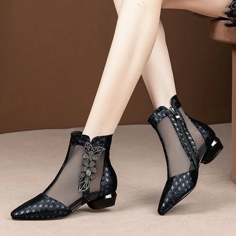 FHANCHU Women Sandals Boots,Mid Heel Summer Mesh Shoes,Soft Ankle Botas,Rhinestone,Pointed Toe,Side Zip,Black,Blue,Dropship