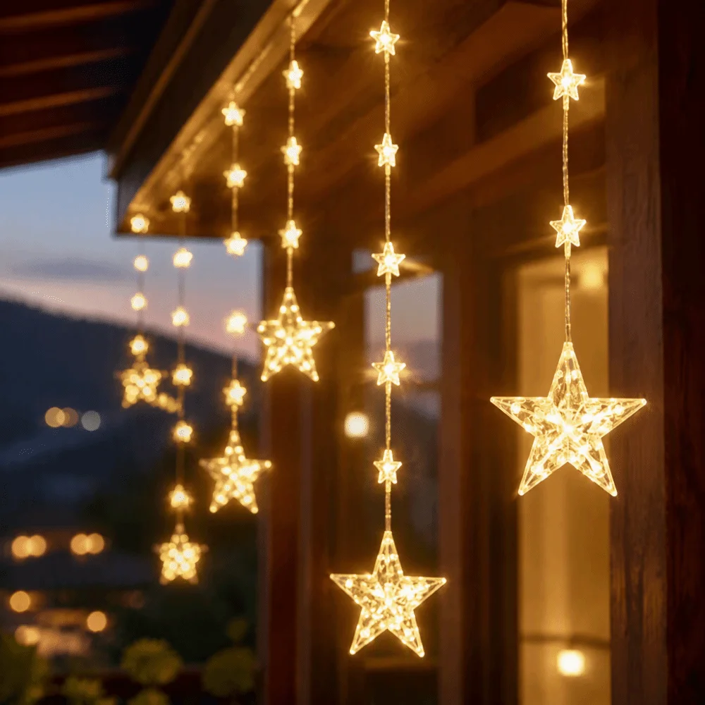 Waterproof Solar Curtain Lights Solar Powered Star And Moon Shape String Lights Delicate Design Dreamy Glow Fairy Lights