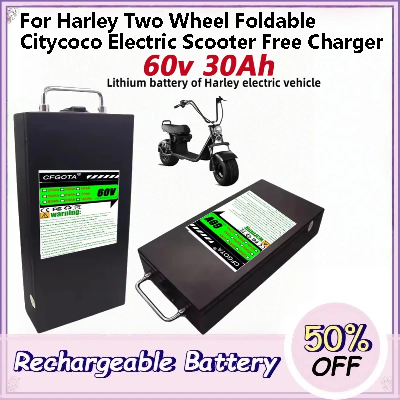 60V 30Ah 18650 Electric Vehicle Lithium Battery for Harley Two Wheel Foldable Citycoco Electric Scooter Free Charger