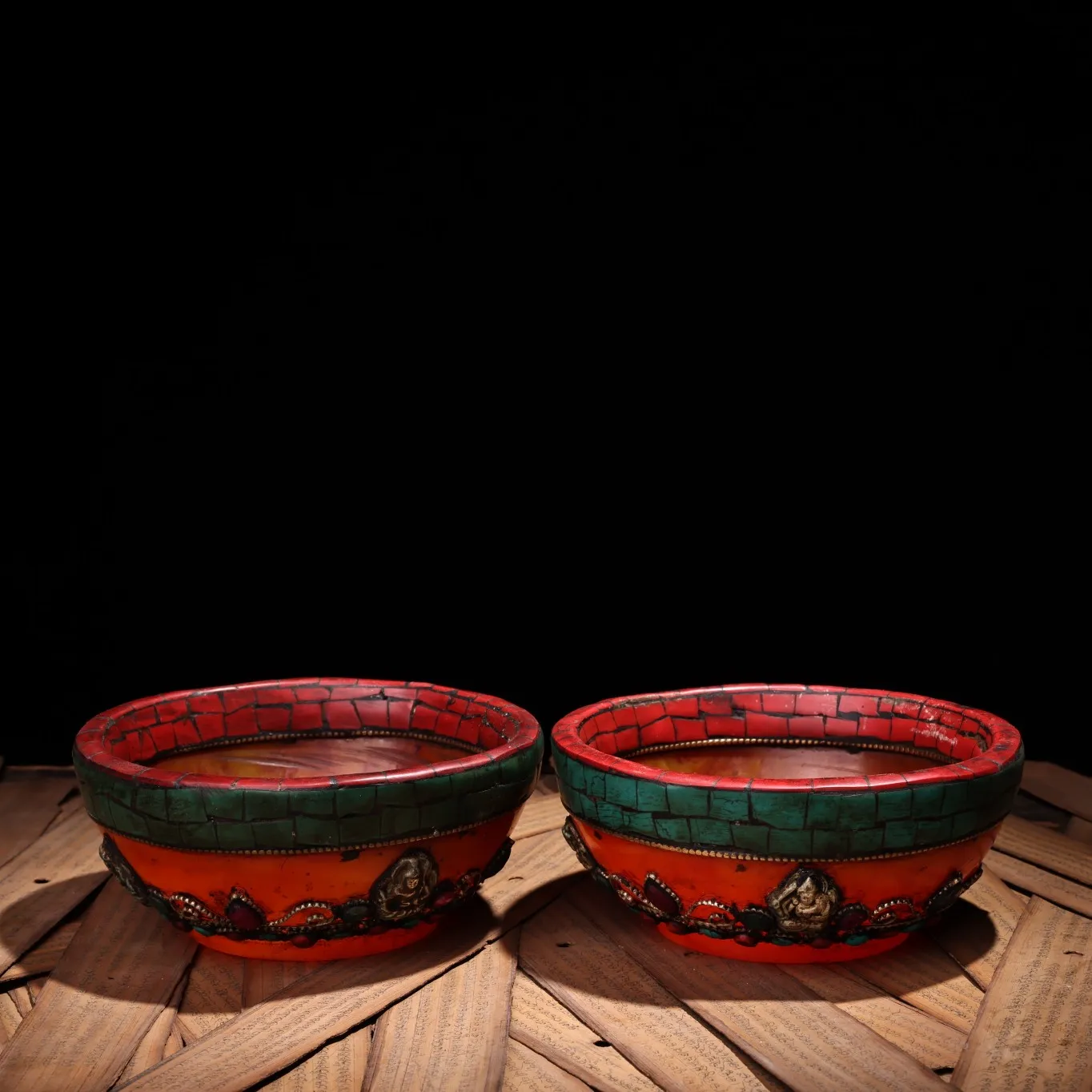 

4"Tibetan Temple Collection Old Beeswax Mosaic Gem Filigree Butter bowl Buddha bowl A pair Amulet Dharma Town House Exorcism