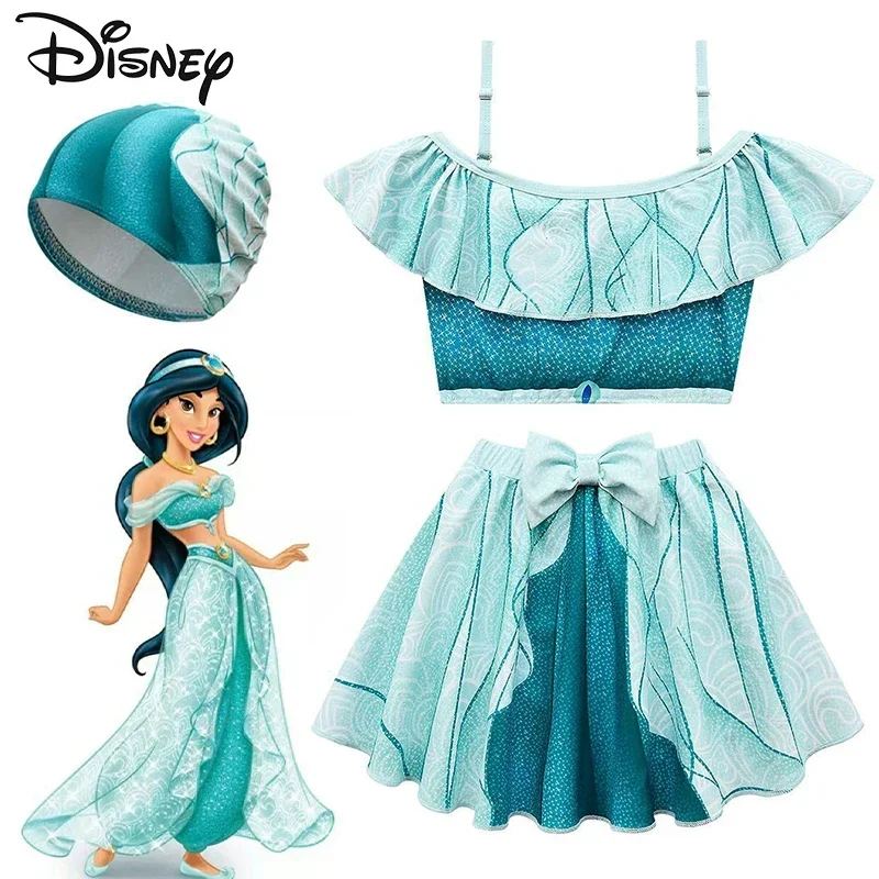 Disney Jasmine Princess Children Swimwear Cosplay Aladin and The Magic Lamp Swimsuit for Girls Kawaii Swimskirts Hats Bikini Set