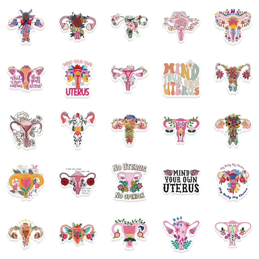 10/50PCS Feminist Cartoon Uterus Flowers Graffiti Stickers for Luggage Guitar Laptop Phone Waterproof Decal Sticker Toy