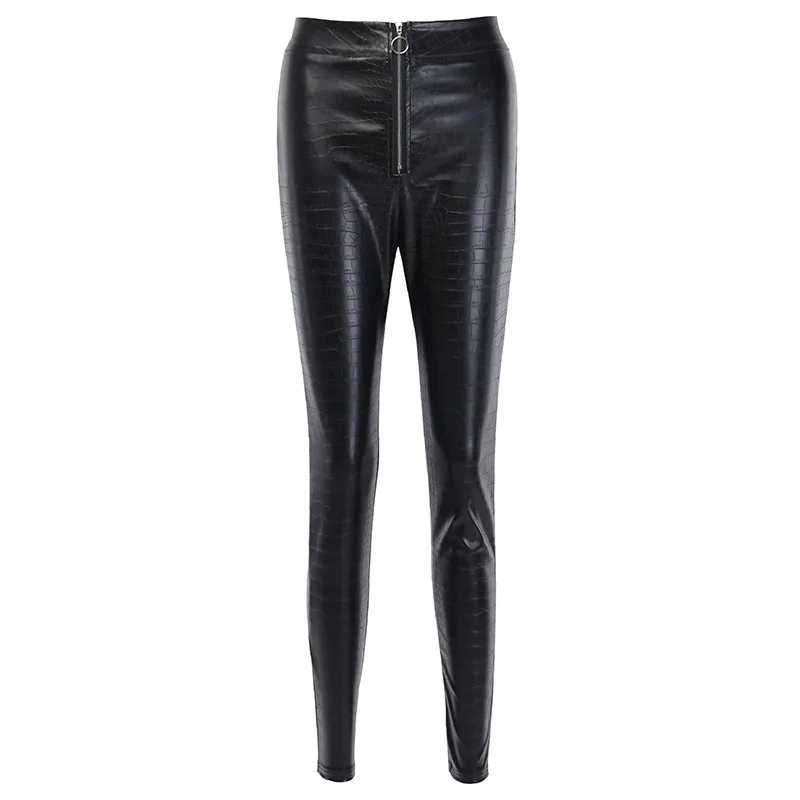 Women Faux Leather Pants High Waist Casual Crocodile Leather Pantalones Female Slim PU Leather Fashion Ins Zipper Pencil Trouser