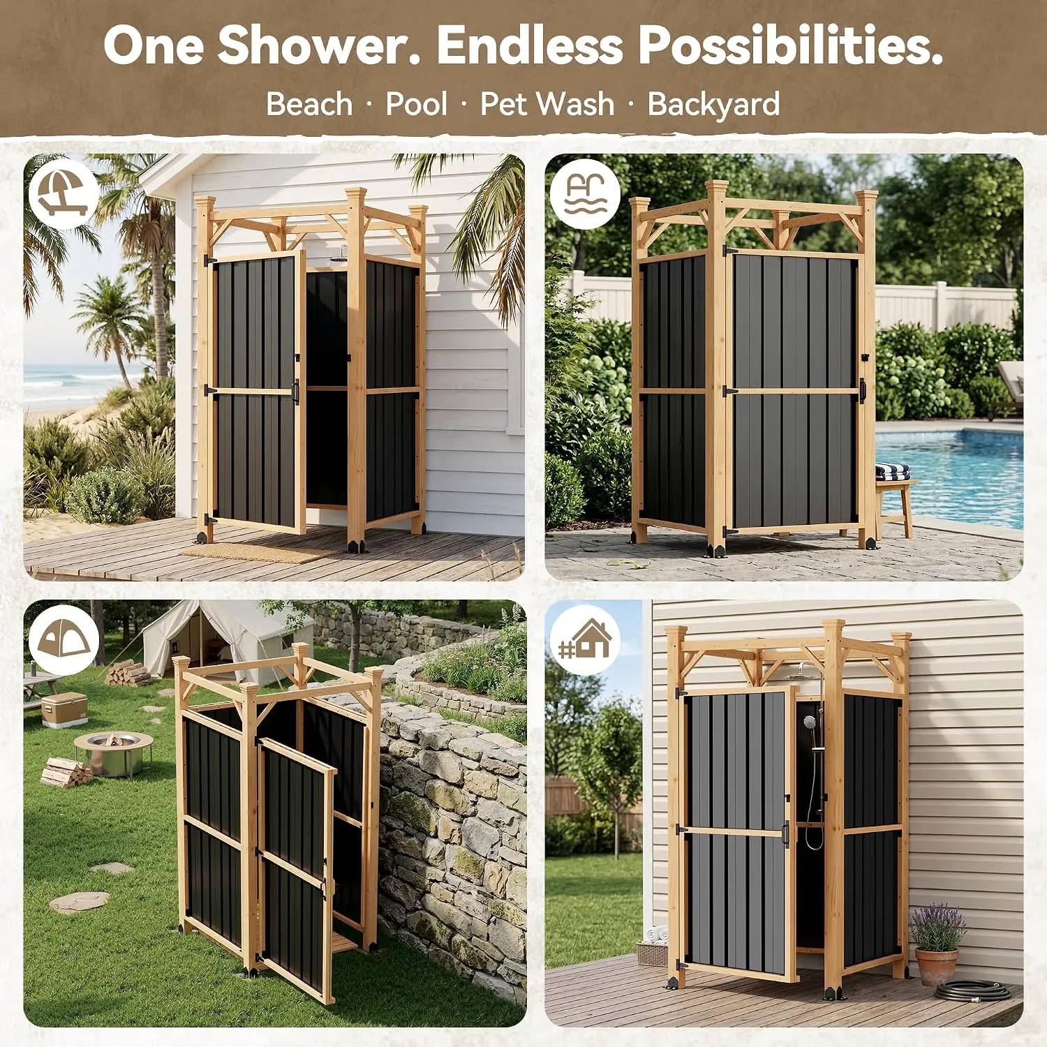 Outdoor Shower Enclosure with Lockable Door, Weatherproof Shower Stall with Metal Panels, Hooks & Storage Rack