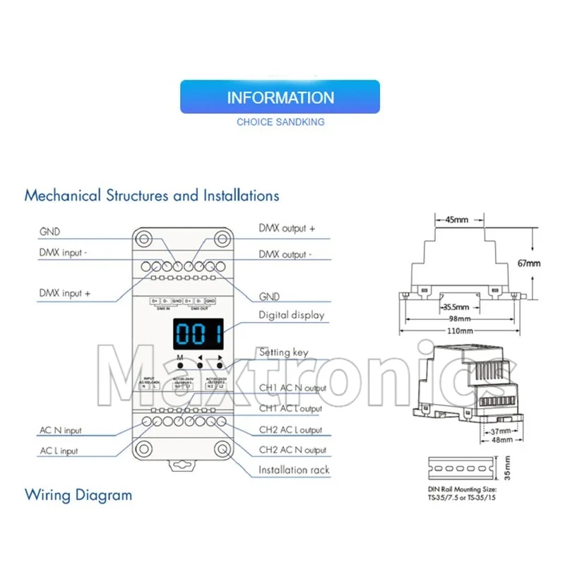 S1-D1 AC Phase-cut DMX Dimmer RDM DMX512 Controller AC 110V 220V / S1-DR DIN Rail 2CH AC Triac DMX Dimmer for Dimmable LED Light