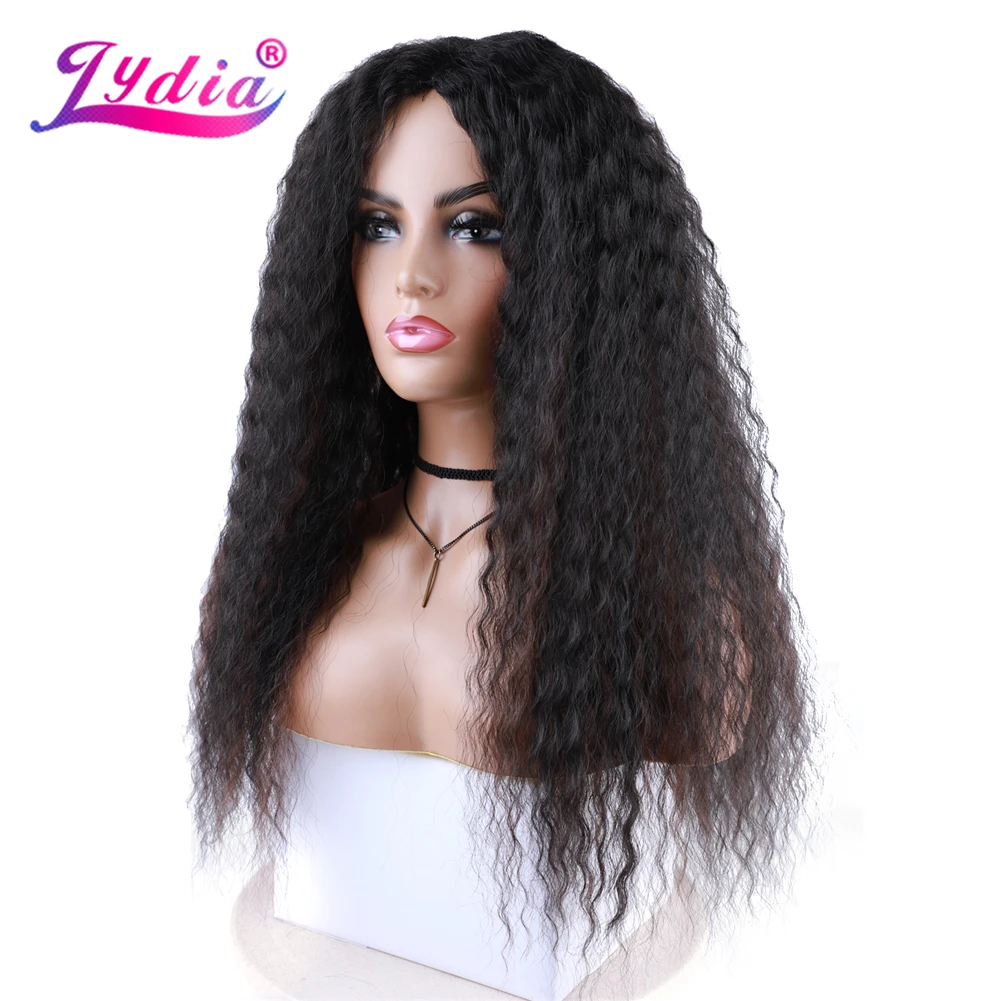 Lydia Long Afro Kinky Curly Synthetic Hair Skin Topper Wig  American Women Head Line Kinky Straight Black 22Inch Mixed Color