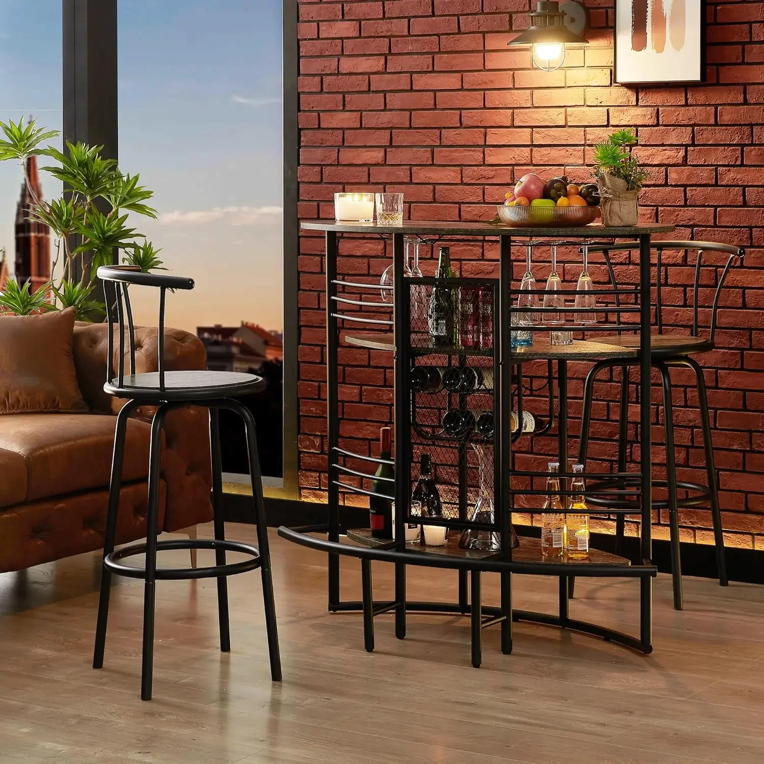 Wine Rack Table Modern Bar Unit with Storage Footrest, Industrial Freestanding Floor Wood Holder Liquor Cabinet