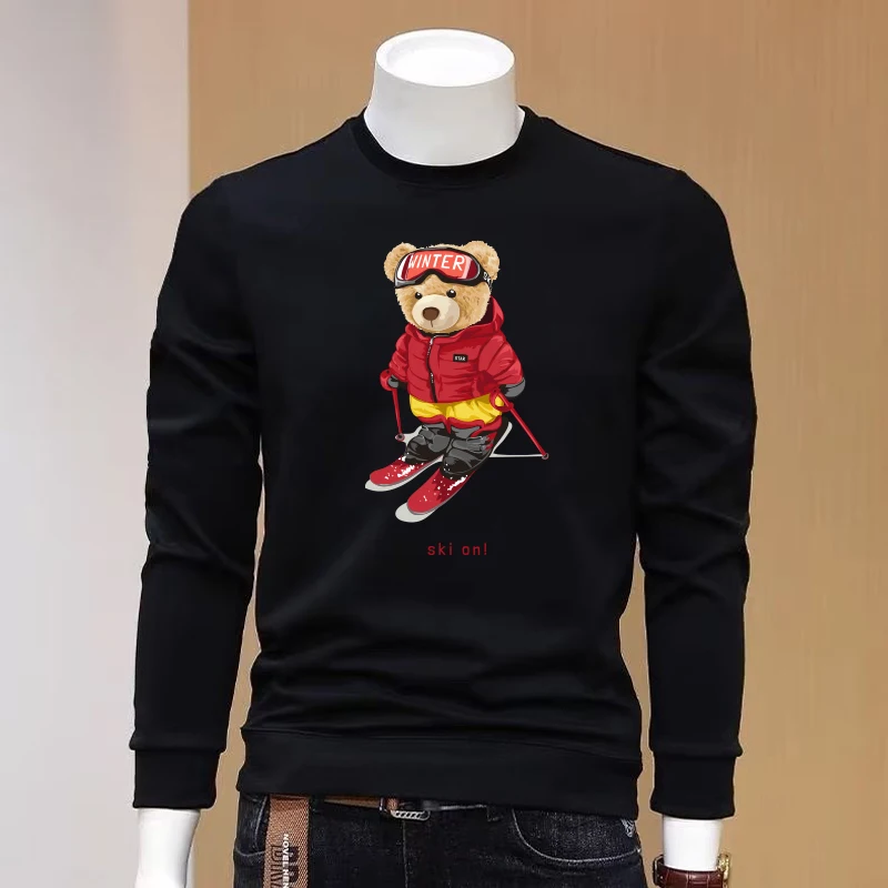 Harajuku Men Graphic Sweatshirts Ski Bear Long Sleeve T-shirt 100% Cotton Trendy Loose Overfit Long Tee Sports Top Men Clothing