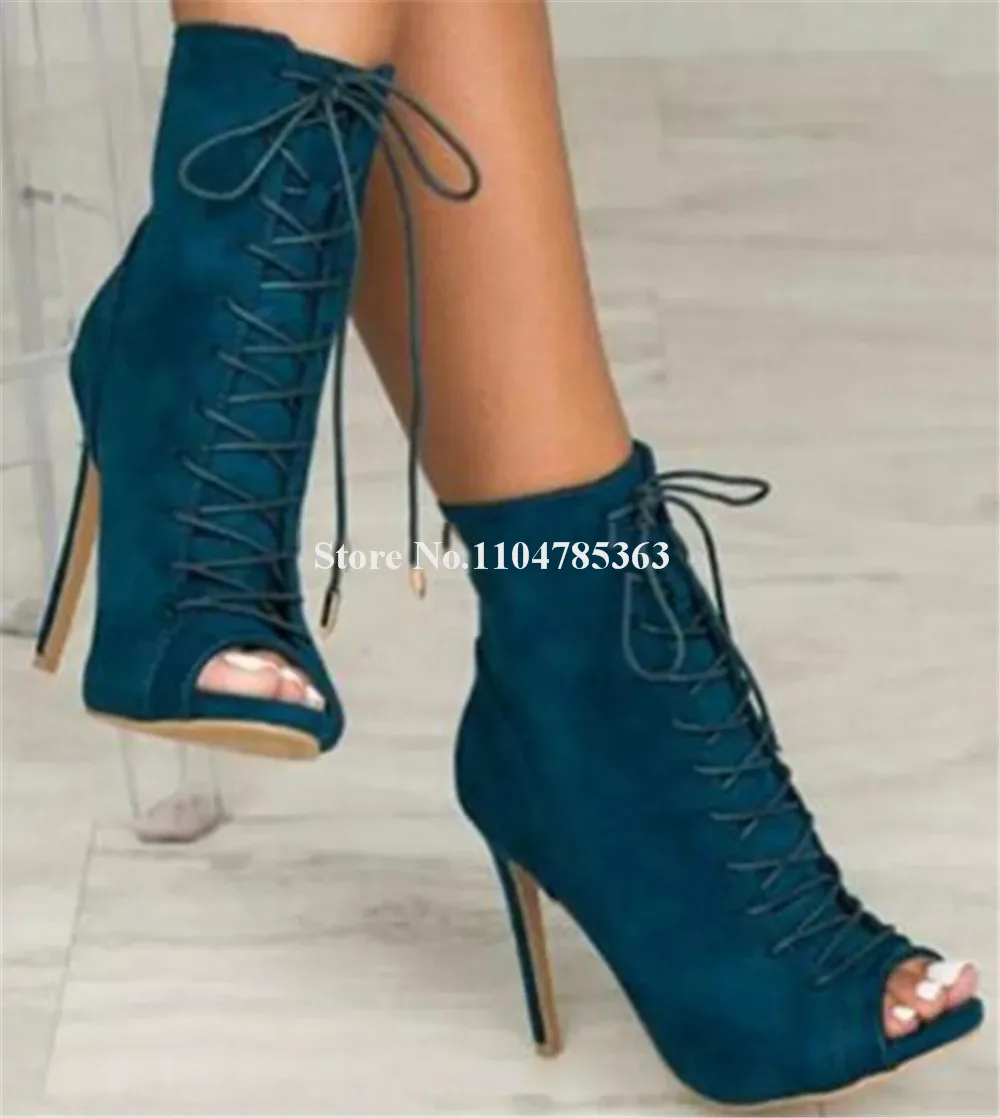 

Classical Style Suede Leather Stiletto Heel Short Boots Peep Toe Lace-up Blue Green Black Thin Heel Ankle Booties