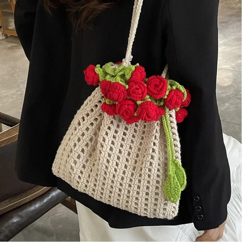 

Rose Flower Woven Bags for Women 2025 New Beach Shoulder Bag Fashion Hollowed Out Large Capacity Crochet Cute Casual Tote Bag